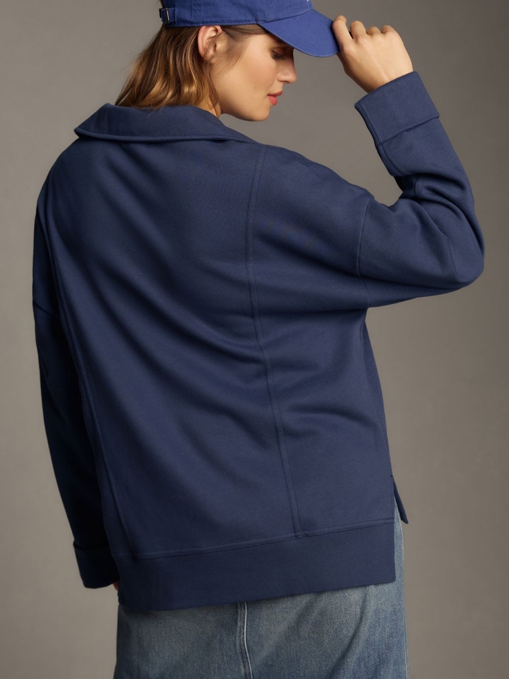 Pilcro Johnny Collar Pullover Sweatshirt Top, Navy Blue, Size Medium - Picture 2 of 11